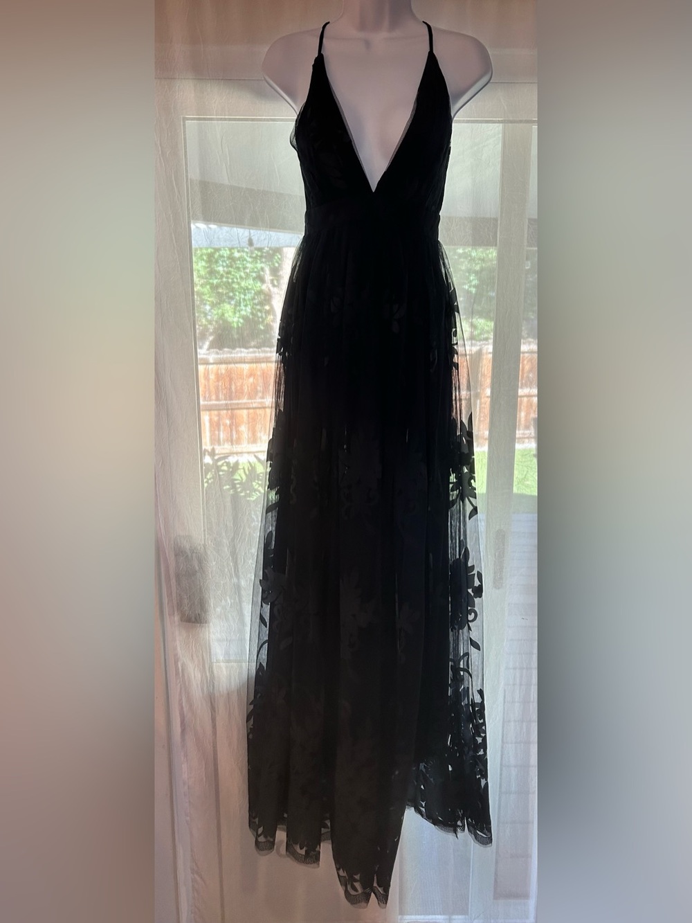 Showpo Floral Flocked Mesh Maxi Gown Navy Velvet Floral XS